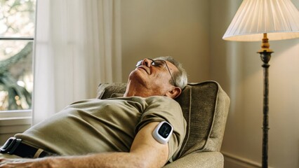 A senior man relaxing in a chair with a smart patch on his upper arm that displays oxygen saturation levels illuminated by soft ambient light from a lamp nearby.