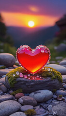Fototapeta premium Shiny Heart Resting on Mossy Rock in Golden Sunset