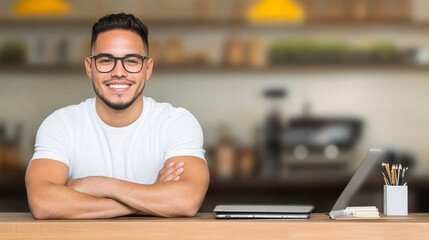 Obraz premium Confident Businessman at Coffee Shop - Happy man with arms crossed sitting at a table in a cafe, smiling at the camera. Laptop and stationery nearby