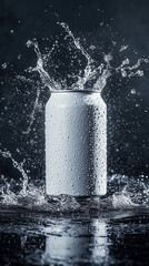 Mockup of Empty White Aluminum Drink Can with Water Splash on Dark Background with Space for Text