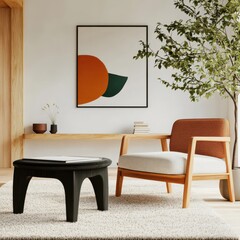 Modern Interior Living Room With Cozy Chair And Stylish Table, Featuring Artistic Wall Decor And Green Plant Accents