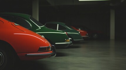 Obraz premium Classic Cars in a Dark Garage, Row of vintage cars, parked in a dark underground garage, for automotive enthusiasts