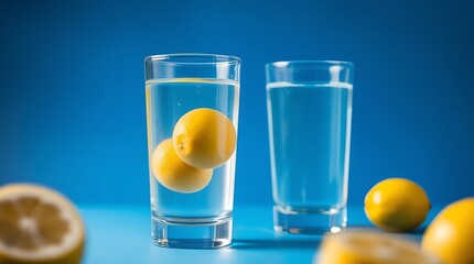 Transparent glasses with water and whole lemons on blue background