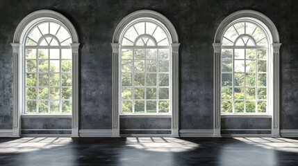 Fototapeta premium Elegant Arch Windows in Dark Room, Sunlight Streaming Through