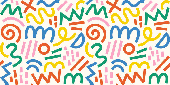 Memphis geometric seamless pattern. Multicolor abstract background in retro 80s, 90s style with various shapes: circles, semicircles, dots, zigzags, spirals, wavy lines. Cute kid doodle design.	