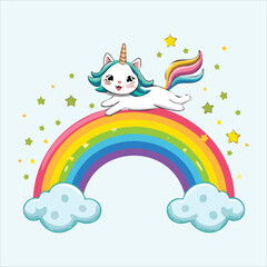 Cartoon unicorn cat flying over a rainbow with tiny stars