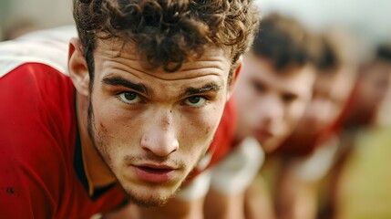 Rugby Players Engaged in Intense Scrum, Showcasing Teamwork and Determination