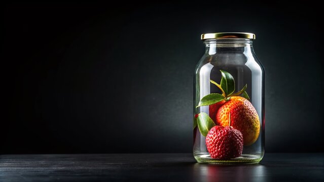 Exotic Tropical Fruit Merang in Glass Bottle, Black Background, Copy Space