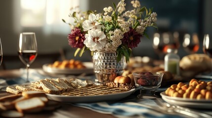 Fototapeta premium Sunlit Table with Bread, Fruit, and Flowers