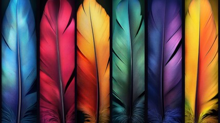 Fototapeta premium Vibrant colorful feathers arranged in a vertical pattern displaying diversity in hue and texture