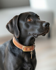 Black Labrador dog wearing brown leather collar indoors