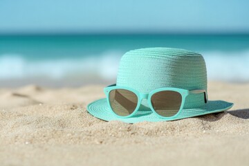 close-up photo of stylish summer hat and sunglasses lying on sandy beach with waves in background