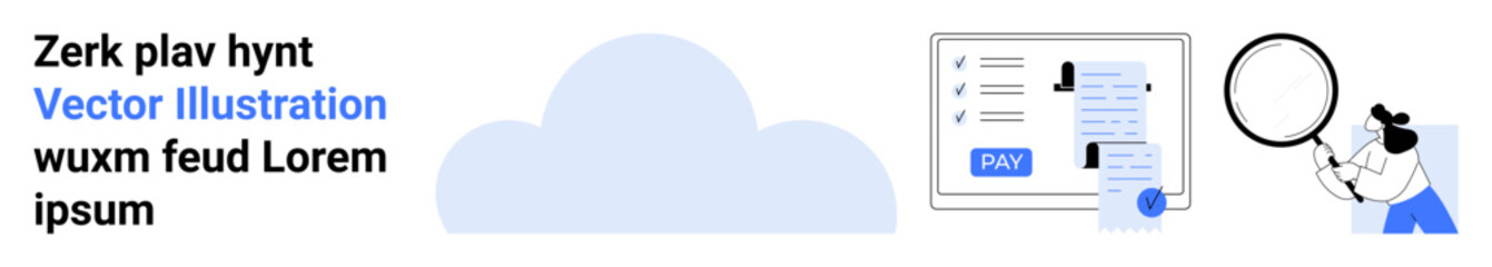 Cloud graphic, payment screen with pay button, person with magnifying glass analyzing documents. Ideal for fintech, cloud services, data security, banking, research, analytics abstract line flat