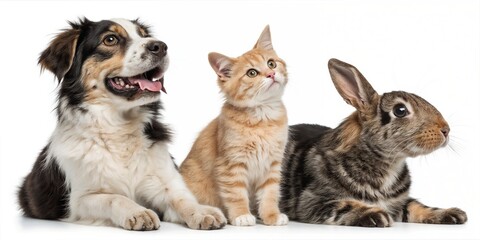 Fototapeta premium Adorable pets including a dog, a cat, and a rabbit posing together against a white background