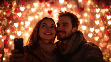 A romantic photo booth setup with Valentine’s Day props and a couple posing