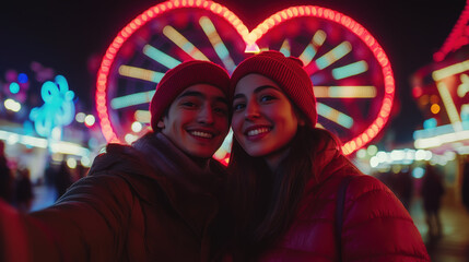 Fototapeta premium a couple taking a selfie on valentine's day, with a heart-shaped ferris wheel in the background and a carnival atmosphere