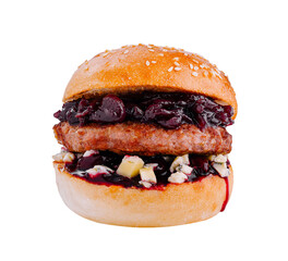 Delicious burger with blue cheese and cherry sauce standing on white background