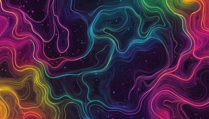 Fototapeta premium Abstract neon topographic design with glowing lines in vibrant colors on a dark background, resembling a futuristic map