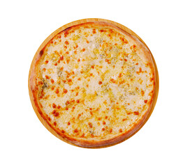 Delicious cheesy pizza served on a wooden platter in a cozy restaurant setting during dinner time