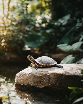 Turtle basking on rock in sunlight near water with forest background
