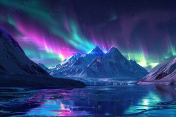 Obraz premium Northern lights over snowy mountain and lake scene. Neural network AI generated