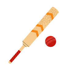 Cricket bat and ball isolated vector illustration. Sports equipment. For designs team sports and outdoor activity themes. Vector illustration. 