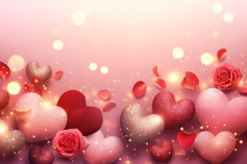 Obraz premium A romantic Valentine's Day background featuring a soft pink and red gradient with elegantly arranged heart shapes in various sizes and textures, including glossy