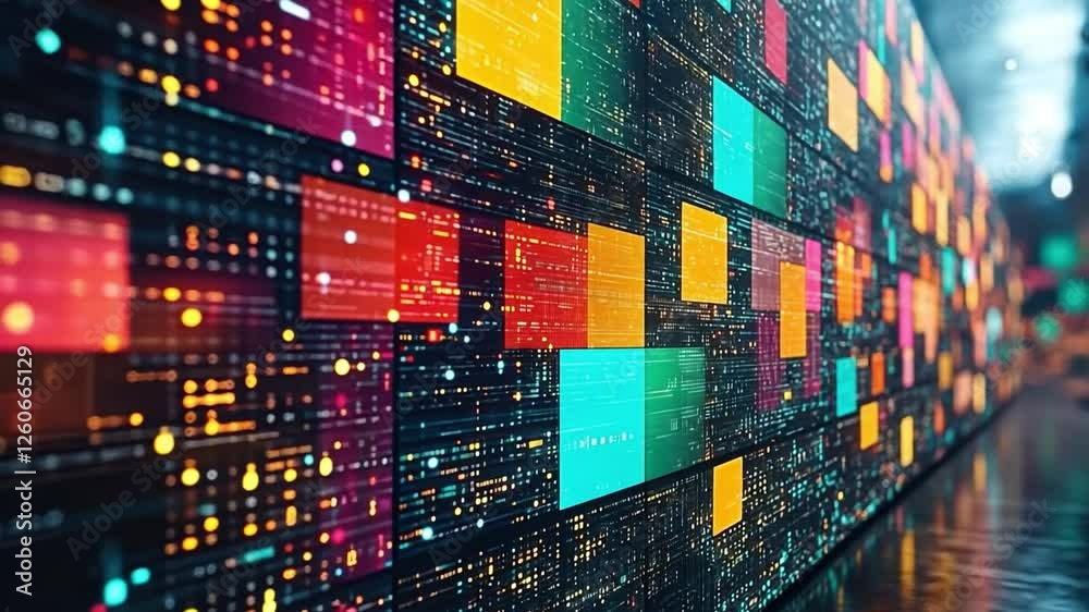 Poster Digital Data Flow: A vibrant tapestry of color and data flows across a sleek digital landscape.  The interplay of light and shadow, the glowing screens.