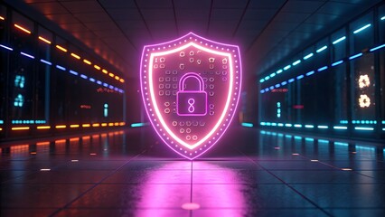 Digital shield with bright neon padlock glowing in vibrant colors, symbolizing cybersecurity and futuristic design