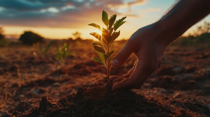Hand planting seedling in soil at sunset for environmental conservation and growth