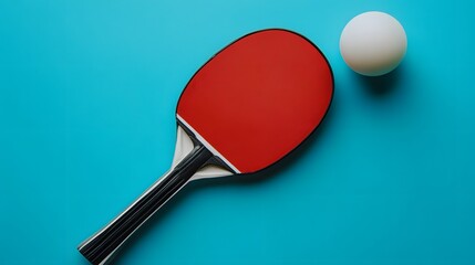 Red Ping Pong Paddle and Ball on Blue Background