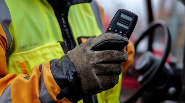 Worker in high-visibility jacket using handheld device inside vehicle
