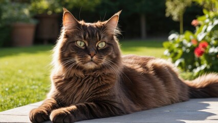 Obraz premium Chocolate british longhair cat lying outside in the garden