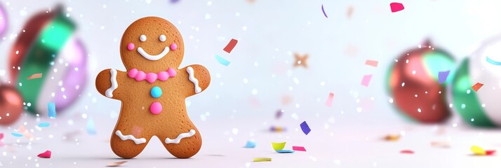 Fototapeta premium Festive Gingerbread Man Illustration - A cheerful gingerbread man enjoys a celebratory confetti shower, symbolizing joy, festivity, sweetness, warmth, and the holiday spirit