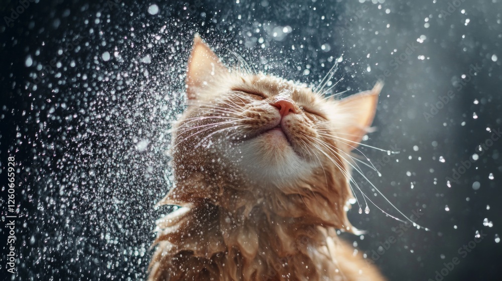 Poster an amusing shot of a cat shaking off water after a bath, droplets flying in all directions, capturin