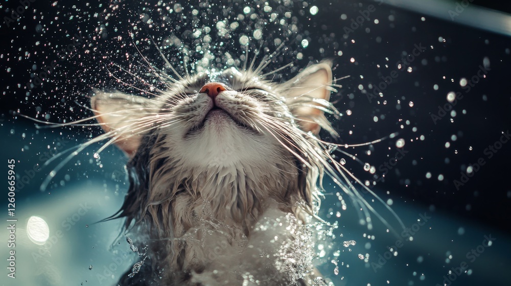 Poster an amusing shot of a cat shaking off water after a bath, droplets flying in all directions, capturin