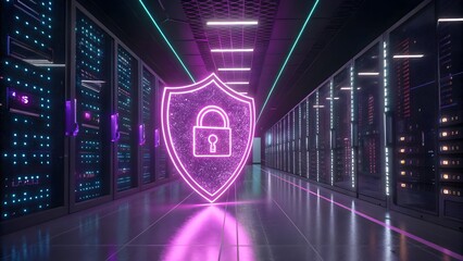 Glowing cybersecurity shield with neon pink padlock, symbolizing futuristic technology and data protection