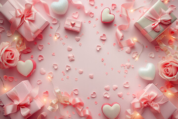 A soft and elegant pink Valentine's Day composition arranged in a beautiful flat lay style on a pastel pink background