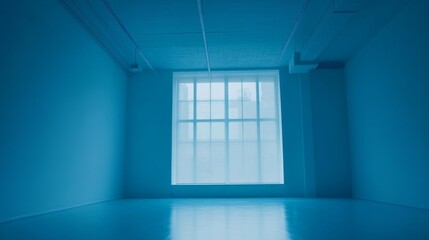 Obraz premium Minimalist blue room with large window and modern architecture