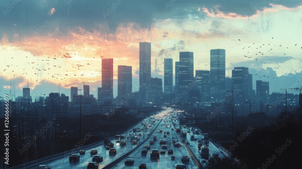 Aufkleber an artistic shot of a city skyline with a busy freeway in the foreground, illustrating the relations
