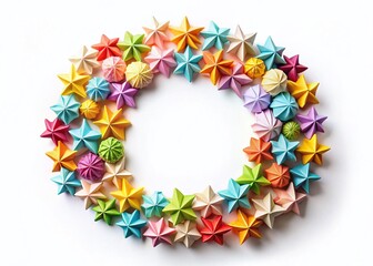 Festive Origami Paper Ball Frame for Food Photography, Circular Border Design, Isolated Background