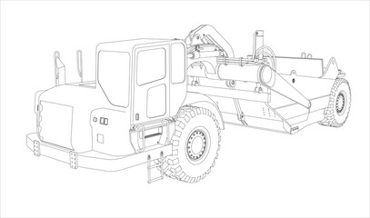 Scraper in perspective view. Blueprint of a quarry tractor. Drawing of heavy equipment on a transparent background.