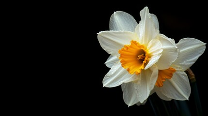 Obraz premium Close-up of white daffodil with orange center on black background