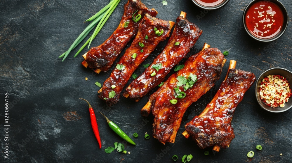 Poster an inviting table setting featuring fried pork ribs with a garnish of green onions and chili, surrou