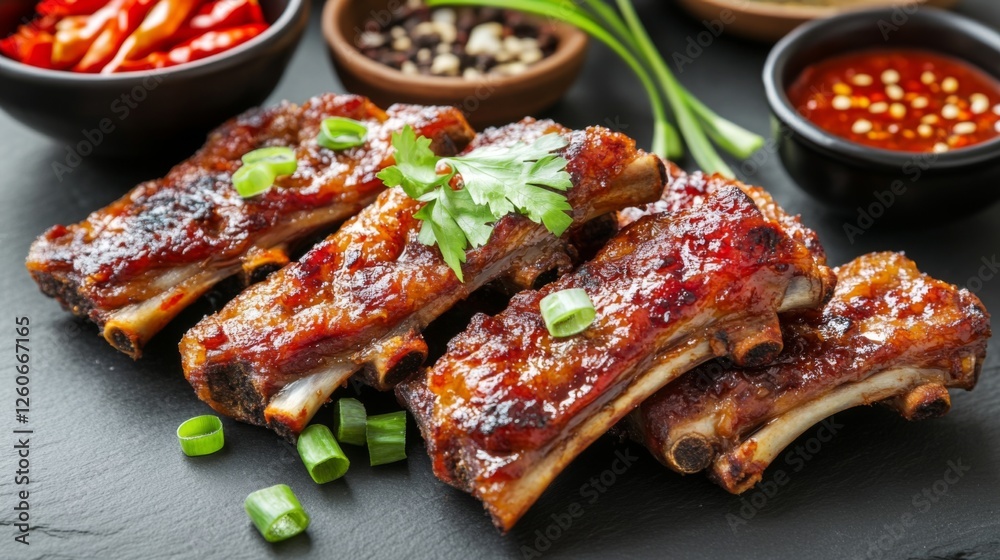 Poster an inviting table setting featuring fried pork ribs with a garnish of green onions and chili, surrou