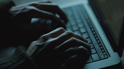 Close-up of hands typing on a laptop keyboard in dim lighting, creating a mysterious and focused atmosphere, often associated with hacking or late-night work.