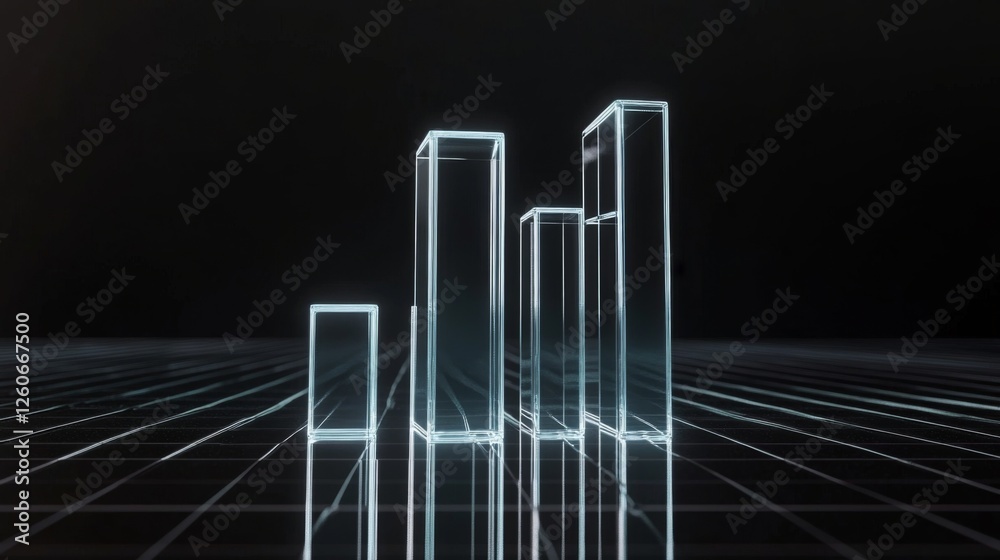 Poster A D bar graph with transparent glass-like bars rising to different heights, representing financial growth on a dark, futuristic grid.
