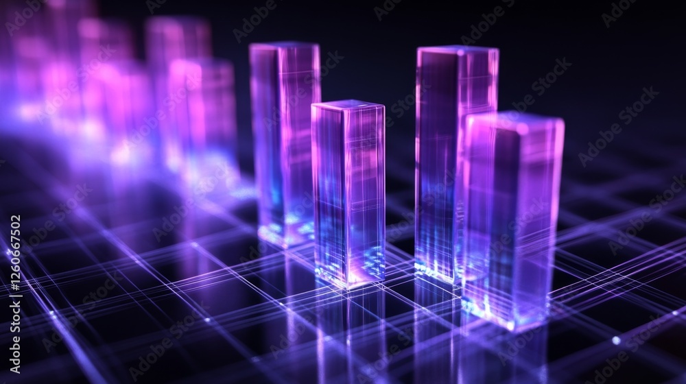 Poster a d bar graph with transparent glass-like bars rising to different heights, representing financial g