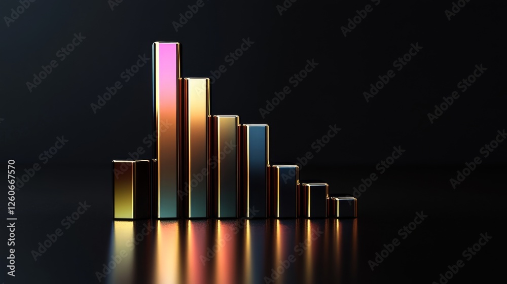 Aufkleber A D financial bar graph with metallic bars, representing revenue comparison between different companies, placed on a reflective surface with a sleek black background.