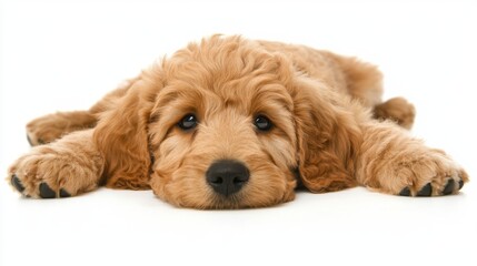 Fototapeta premium Playful puppy lying down on white background